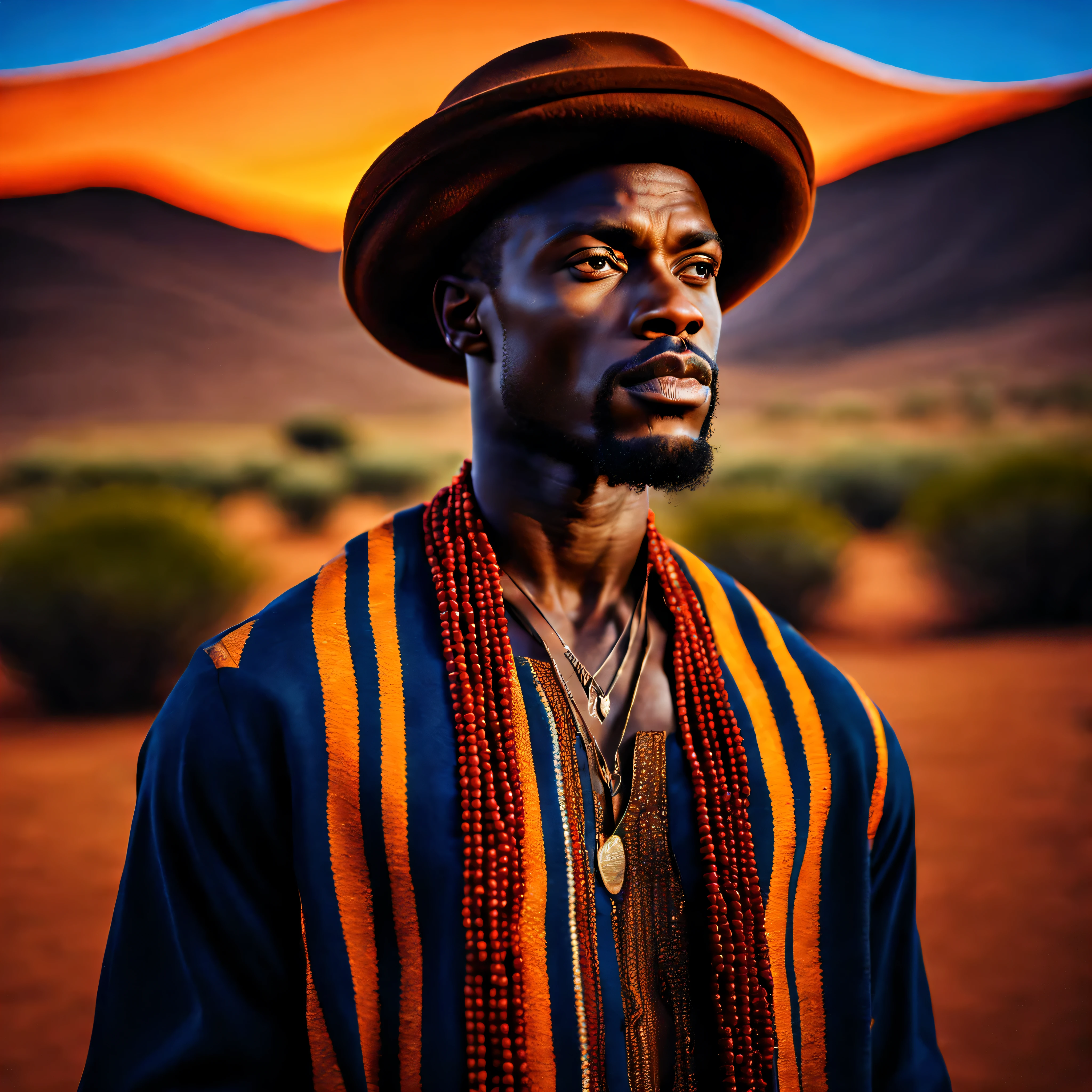 (best quality,4k,8k,highres,masterpiece:1.2),ultra-detailed,realistic portrait of an African man, expressive eyes, vibrant lips, finely-detailed facial features, strong and defined jawline, textured skin, intense gaze, traditional clothing, confident posture, standing against a backdrop of a vibrant African landscape with rolling hills and a rich sunset, capturing the warmth and beauty of the region, vibrant colors and contrasting shadows, natural lighting emphasizing the man's features, creating a captivating and atmospheric scene.