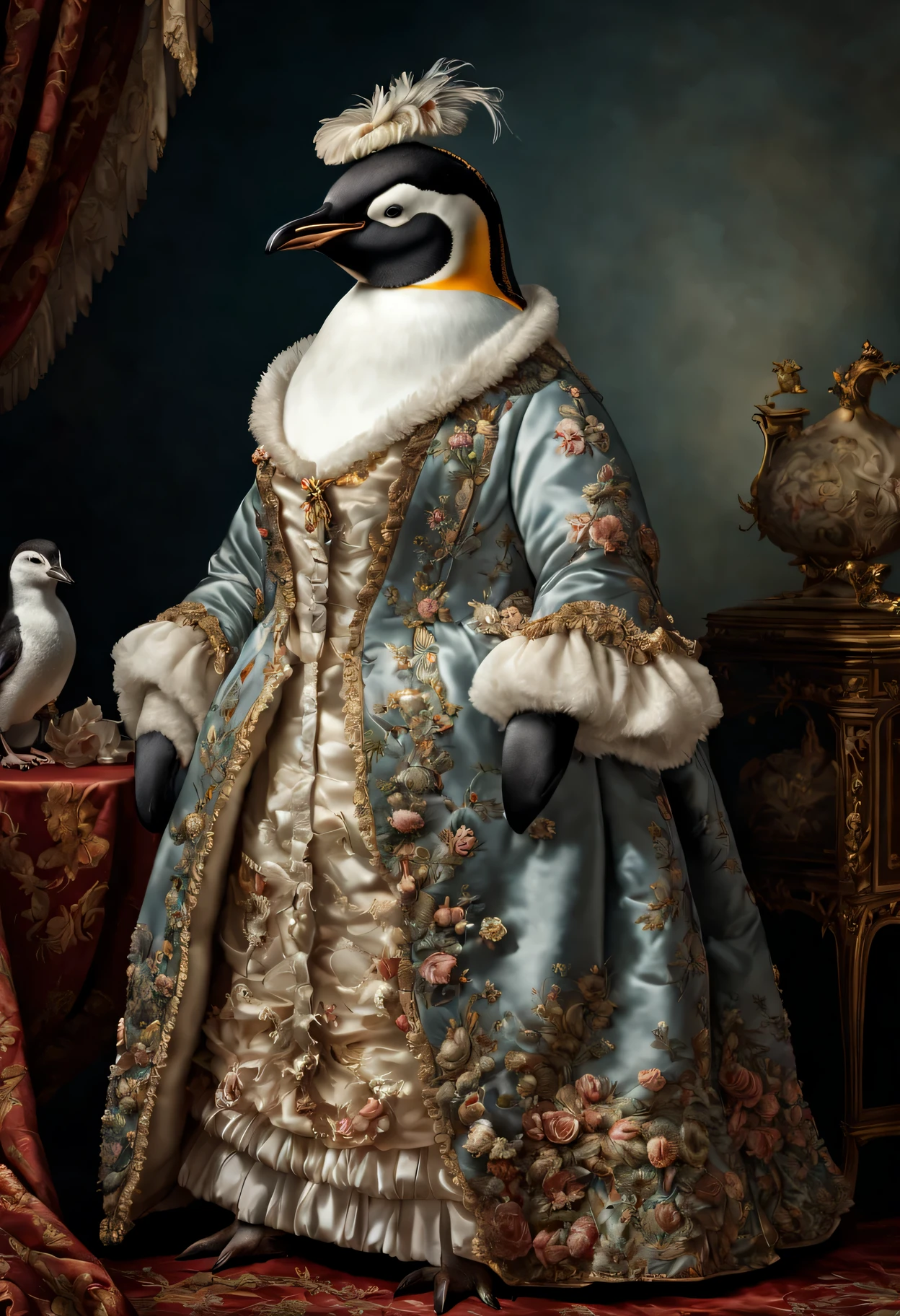 photorealistic portrait of Dressed animals - a fat penguin, (full body image:1.5), Wearing luxury sack-back gown, Old-fashioned luxury dress, detailed and opulent description of a female aristocratic sack-back gown in Rococo style, emphasizing luxurious fabrics, intricate embroidery, and ornate accessories, Rococo style background