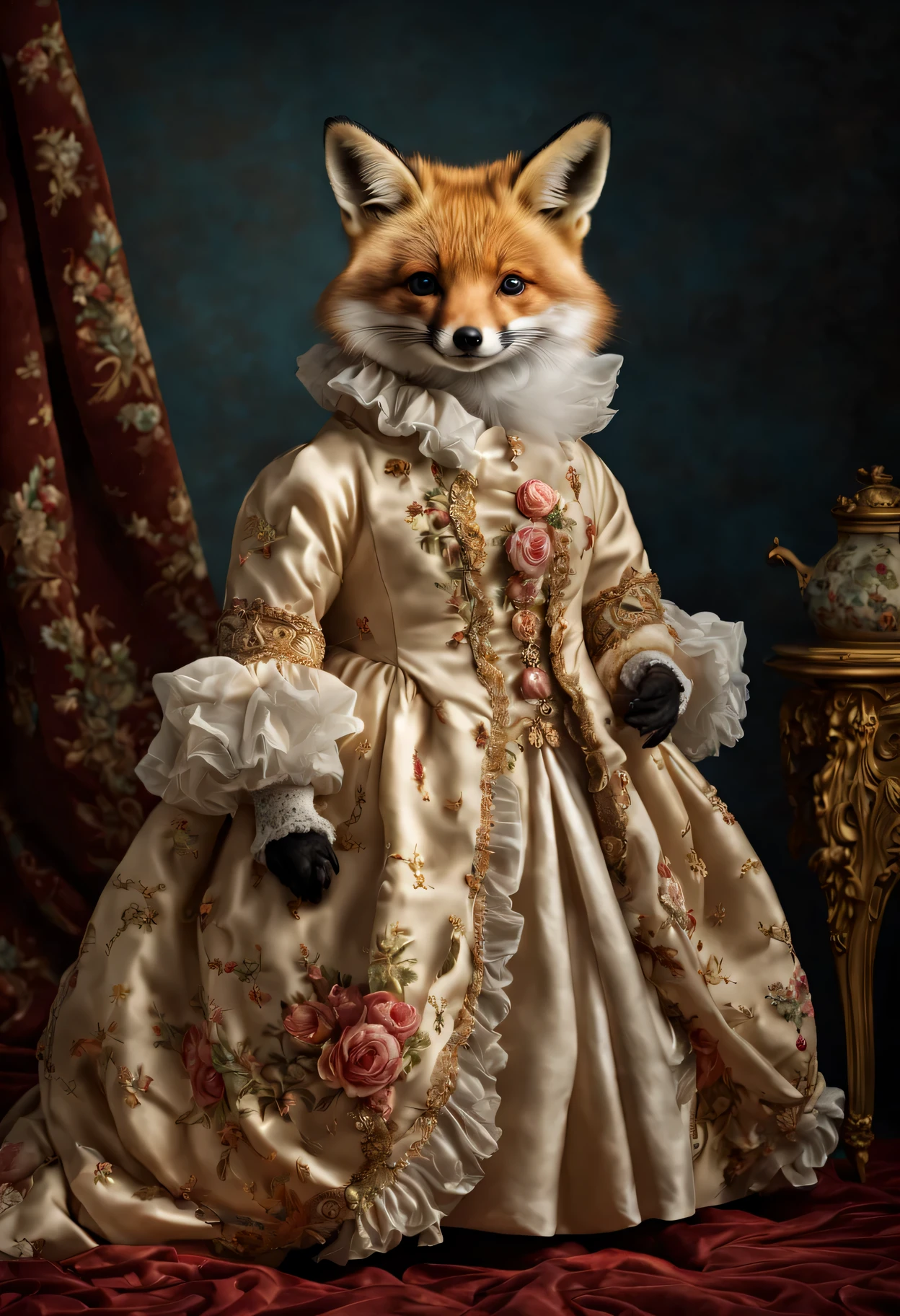 photorealistic portrait of Dressed animals - a fat baby red fox, (full body image:1.5), Wearing luxury sack-back gown, Old-fashioned luxury dress, detailed and opulent description of a female aristocratic sack-back gown in Rococo style, emphasizing luxurious fabrics, intricate embroidery, and ornate accessories, Rococo style background