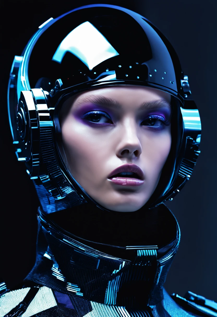 female model, professional photoshoot, sci-fi chic:0.4, futuristic haute couture:0.3, glitch aesthetic:0.3, haute couture:0.4 , portrait close up, by Balenciaga high fashion creator , 