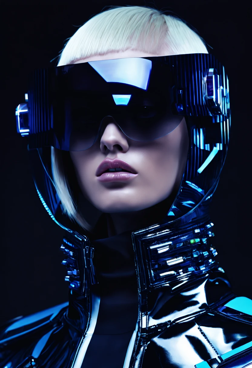 female model, professional photoshoot, sci-fi chic:0.4, futuristic haute couture:0.3, glitch aesthetic:0.3, haute couture:0.4 , portrait close up, by Balenciaga high fashion creator , 