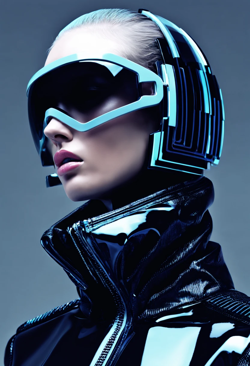 female model, professional photoshoot, sci-fi chic:0.4, futuristic haute couture:0.3, glitch aesthetic:0.3, haute couture:0.4 , portrait close up, by Balenciaga high fashion creator , 