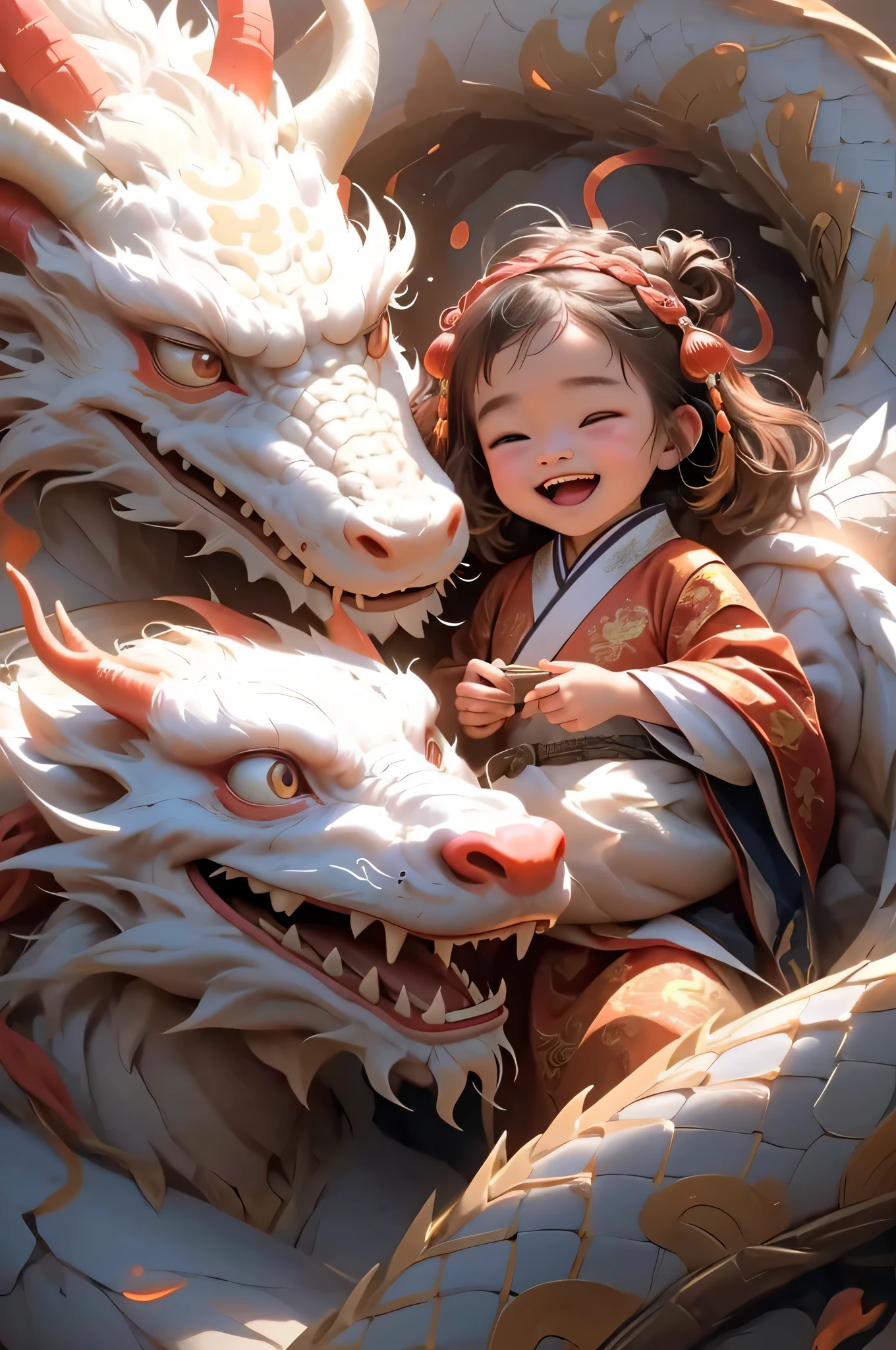 There is a cute Chinese dragon behind it，There are 2 corners，happy female dragon ，laughing out loud(in humanoid form), immense power, wisdom, and connection to fire, Dragon Characteristics,scales, wing, Sensible, ancient existence, knowledge , fantasy adolescence, Asian。 brown eyes, normal ear, button nose, Uneven cheeks, symmetrical forehead, Clear Achilles tendon, , light brown box braid, 开心的提着灯笼🏮 萨满, healing water , Engaging in alchemical experiments, Change elements with magic, Light from another world Light from another world, There is the sound of firecrackers🧨，超级开心laughing out loud，celebrate New Year，