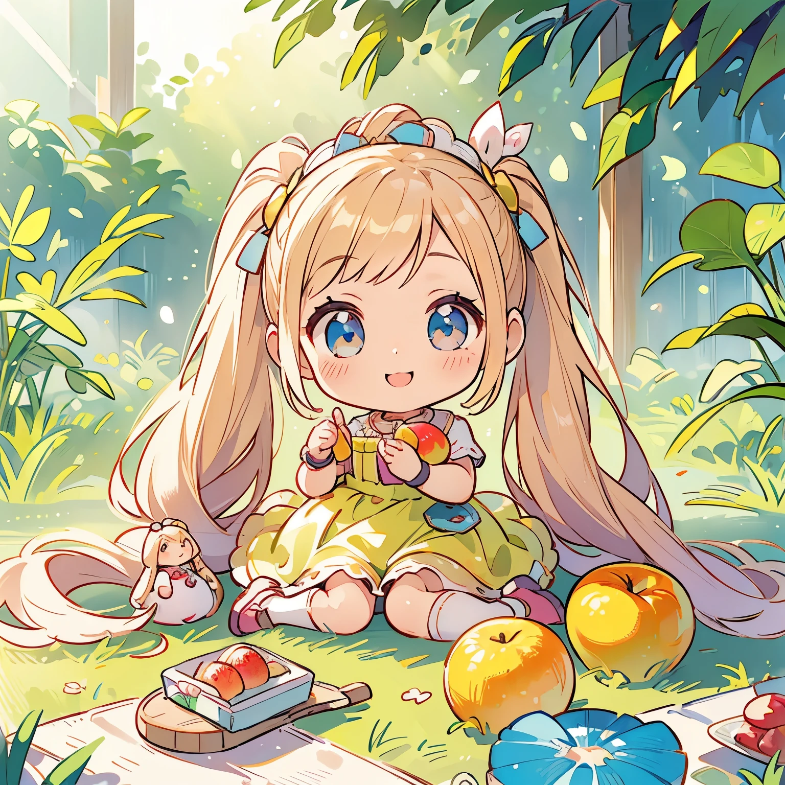 (photorealistic:1.37)、octane rendering、Chibi girl doll in the center of a fruit platter、Girl has twin tail hairstyle and smiles、Bright colors、soft sunlight、playful atmosphere、peaceful environment、detailed texture、Bright colors、cute shoes with accessories、He looks happy