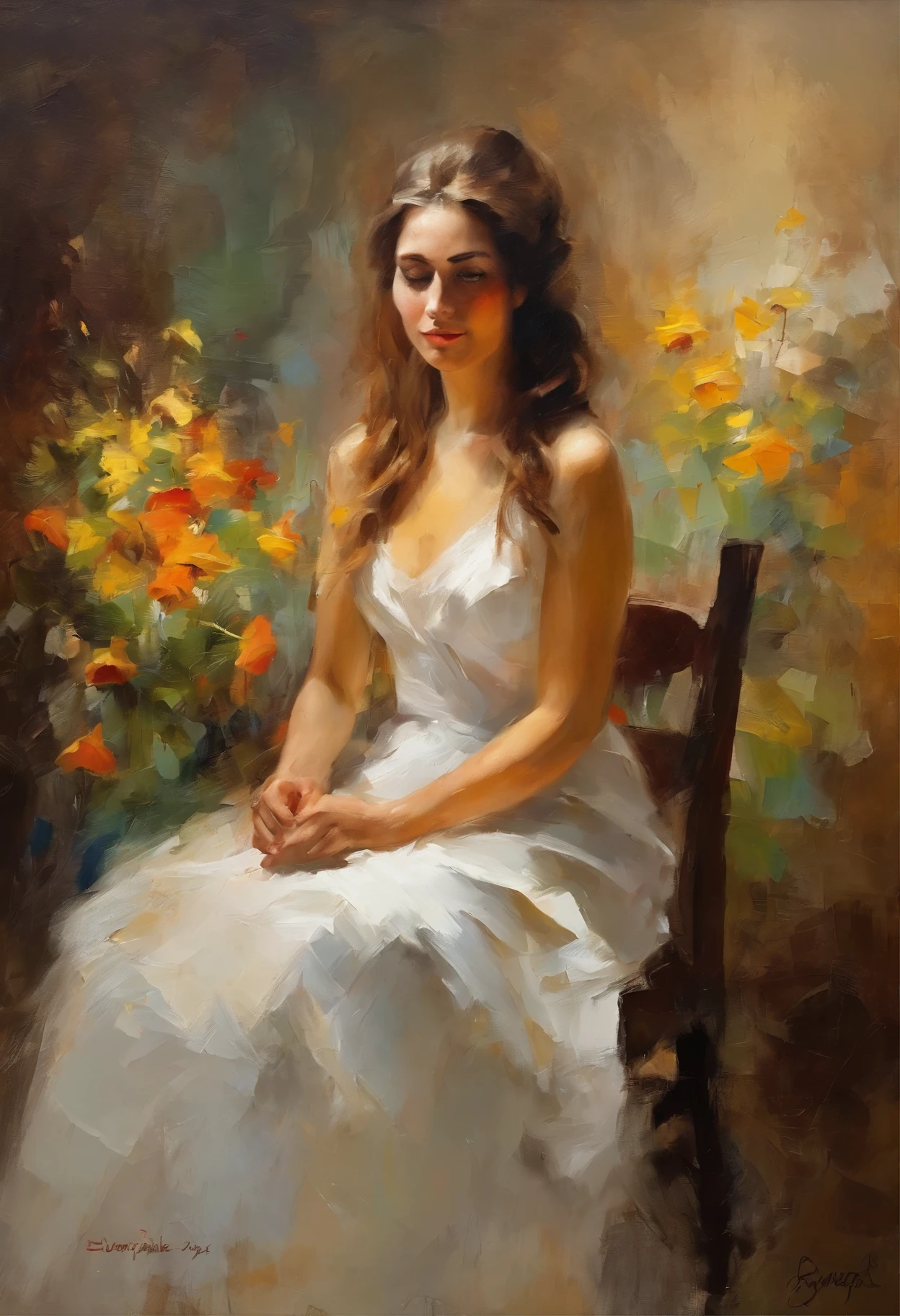 Beautiful woman with long brown hair wearing white gown sitting on rosewood chair,flowers ,old hut around,wild.        Wild flowers near her foot, impression painting, beautiful artwork|visible brush strokes,clear high quality impressionism painting.