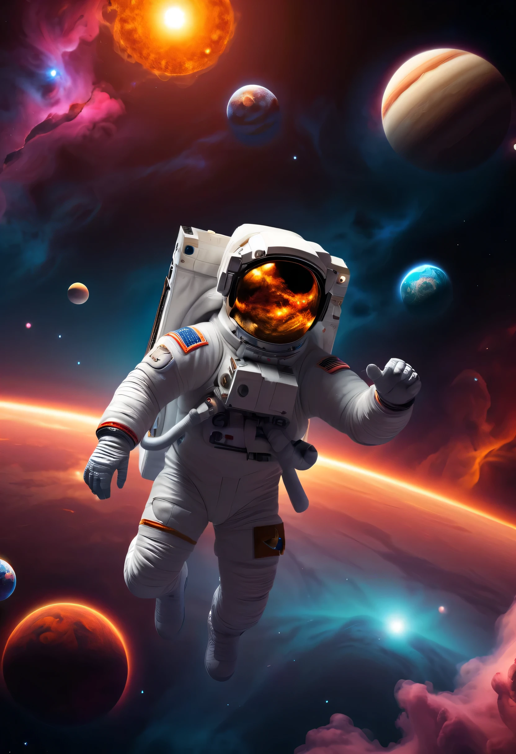 (ultra-realistic),(solar system),(vivid colors),(detailed planets),(glowing Sun),(astronaut floating in space),(nebula clouds),(black background),(high-resolution),(sharp focus),(astro photography),(crisp details),(bokeh)