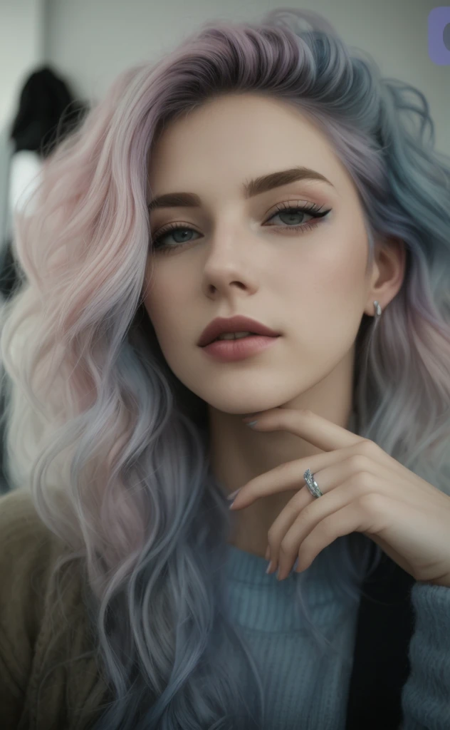 eine Nahaufnahme einer Frau mit rosa und blauen Haaren, Pastellfarbenes Haar, Soft Portrait Shot 8K, Pastellfarbenes Make-up, Girl with silver hair, Pastel colored atmosphere, in Pastellfarbes, color portrait, messy curly Pastellfarbenes Haar, Pastellfarbeed, Buntes Pastell, colored hair, Pastellfarbe, rich Pastellfarbes, Girl with silver hair, Pastellfarbeing, multicolored hair, multi Pastellfarbes