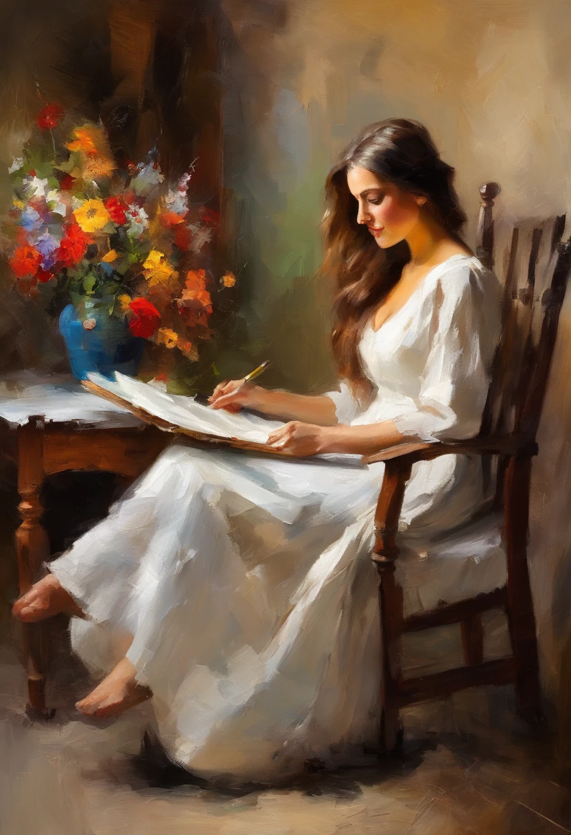 Beautiful woman with long brown hair wearing white gown sitting on rosewood chair,flowers ,old hut around,wild. Wild flowers near her foot, impression painting, beautiful artwork|visible brush strokes,clear high quality impressionism painting. Reading newspaper in dark room,lit little bit