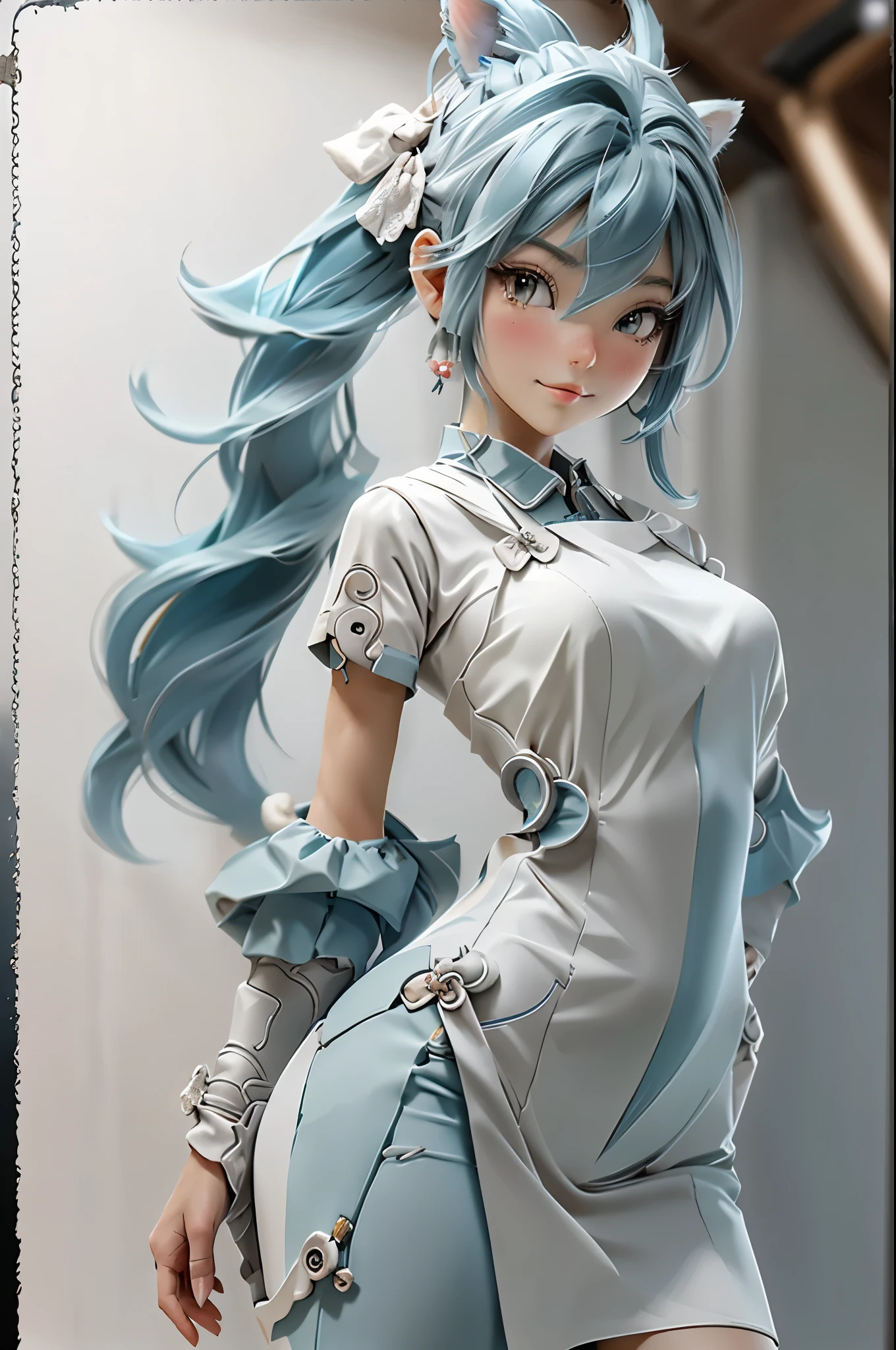 arafed, a watercolor picture of a mecha girl wearing a maid's outfit, traditional watercolor painting, blond hair, pony tail haircut, blue eyes, the outfit is mecha parts, high details, best quality, 16k, [ultra detailed], masterpiece, best quality, (ultra detailed), full body, ultra wide shot, photorealism, RAW,