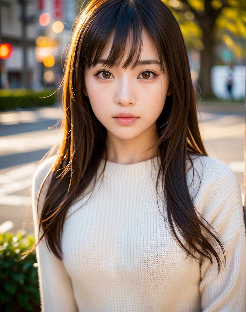 best quality, face focus, soft light, ultra high res, (photorealistic:1.4), RAW photo,
1japanese girl, solo, cute, (pupil, lights in the eyes),  detailed beautiful face, (),(high resolution detail of human skin texture),
(long hair),
Outside, Tokyo,
Damask white sweater, open ,
(portrait)