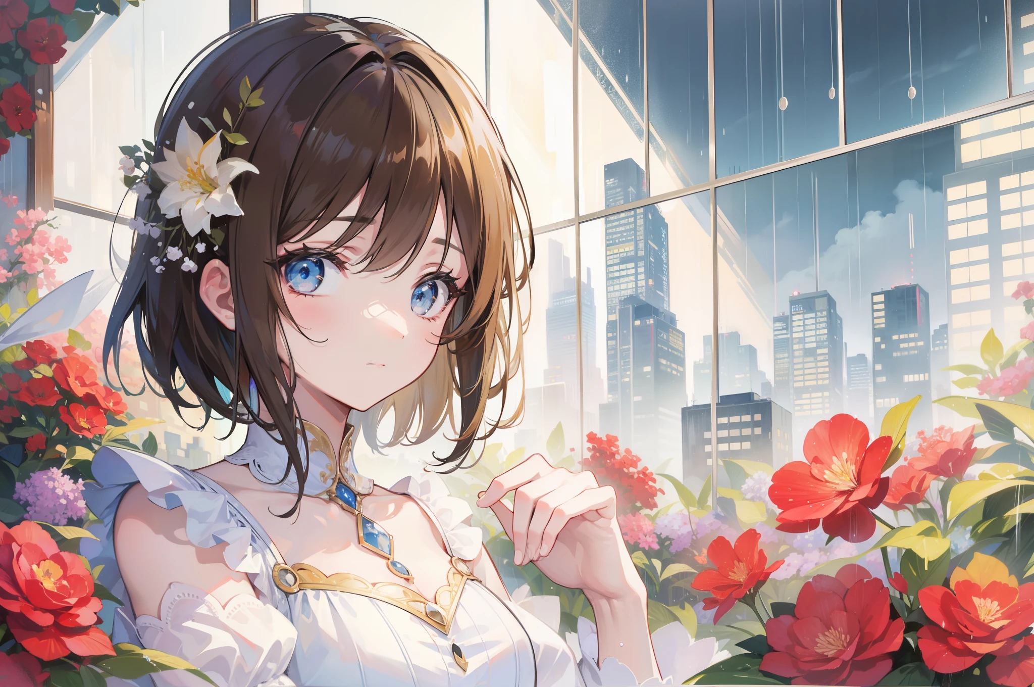 A window without a large frame、Outside is the cityscape at night、it's raining、