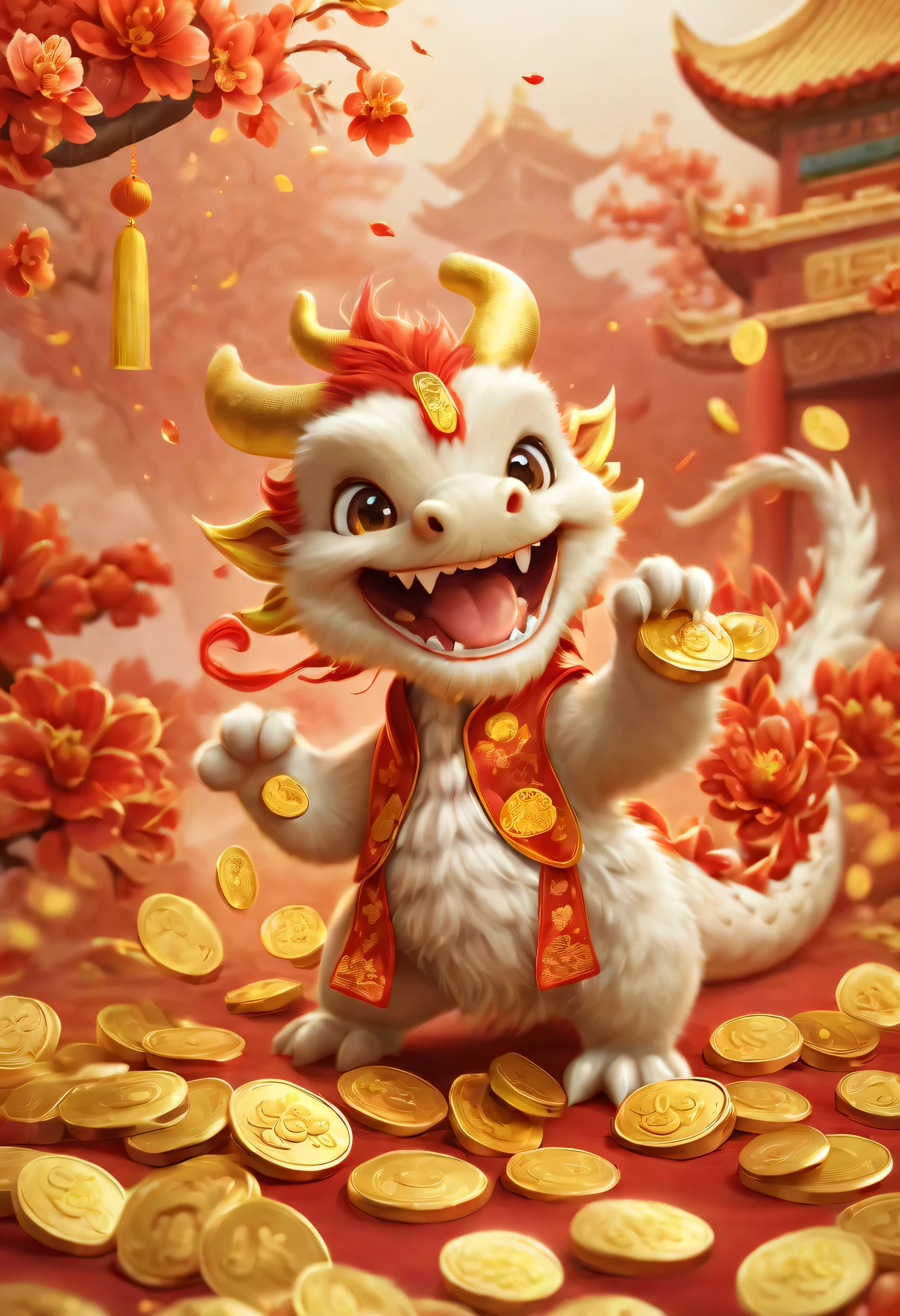 illustration style art。poster design：Chinese New Year is here，Cute little Chinese dragon so happy，interesting，hairy，small clothes，long tail。Wow...There are many gold coins in the air。Chinese element background blur，
