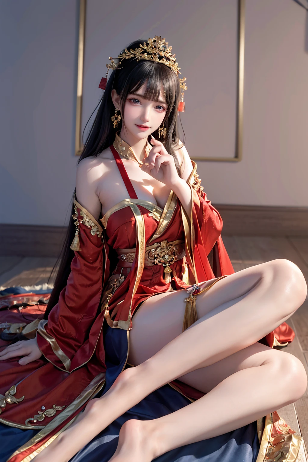 (8k, RAW photo, best quality, masterpiece:1.2),(realistic, photo-realistic:1.37),photo mapping,professional lighting,radiosity,1girl,solo,long_hair,(bracelet:1.1),(long legs:1.2),(earrings:1.1),physically-based rendering,proscenium,performance,be seated,Chinese dress,dark blue and gold dress,shiny dress,Correct hands,hands on legs,red dress