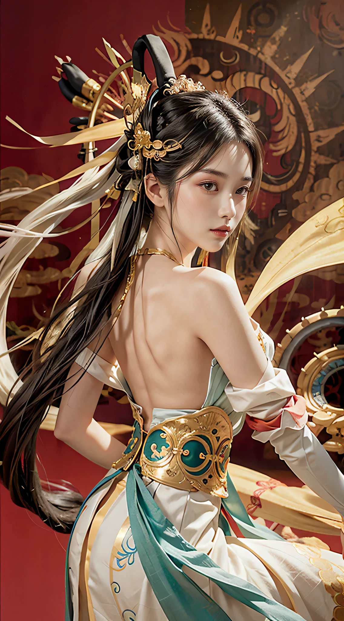 masterpiece, traditional Chinese painting, 1 girl, long white hair, looking at the audience,dance,perfect facial features, Titillating, (Holding a willow branch in hand), Dunhuang_style, Dunhuang_clothing, Ultra HD Dragon Horn, The dragon is flying, 4K, best quality, Super details, Award-winning, high quality,best quality,high detail