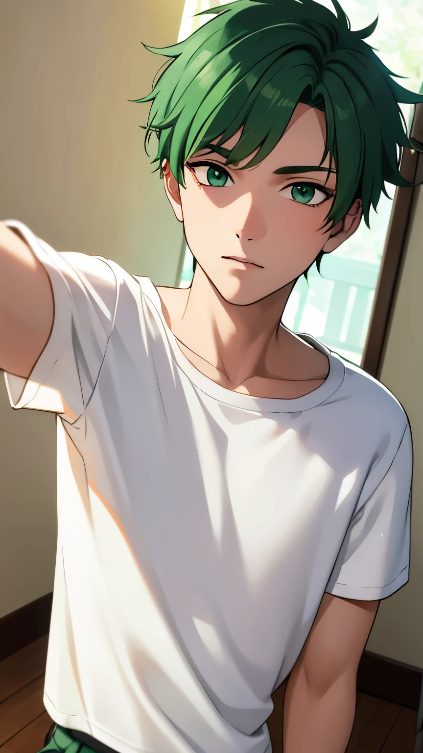 18 year old man with green hair, green eyes, wearing a plain white t-shirt, wearing shorts, taking a selfie, portrait, very detailed 