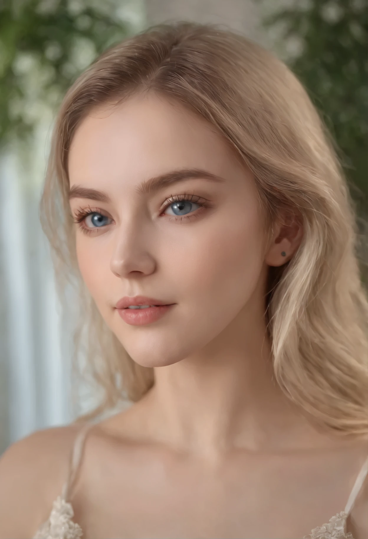of a real,Perfect facial features,Realistic skin texture,Cute baby girl,closeup cleavage,head portrait,Pout,Blue eyes,Long blonde hair,depth of fields,dynamic blur,high light,Real light,Ray traching,oc rendered,Hyper-realistic,best qualtiy,8K,Works of masters,super-fine,Detailed pubic hair,Correct anatomy,sharp focus on eyes,Bokeh,Facial features are carefully depicted