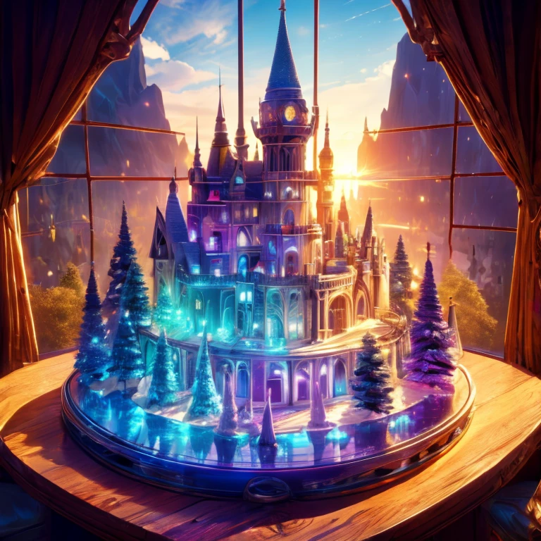 highest quality,4K,8K,High resolution,masterpiece:1.2，rainbow，Circus Tent，ice cream flavors，pallet，carnival，intricately patterned textiles，Delicate carving，precision clock gears，microscopic plant structure，delicate embroidery and embroidery，magical forest，wing，magic circle and runes，fairy stage，magic wands and jewels，realistic scenery of nature，realistic texture，Silhouette of the cityscape at dusk，Shadows of leaves illuminated by sunlight，Shadows created by streetlights，mountains at sunset々Outline of，pattern of sunlight shining through the window