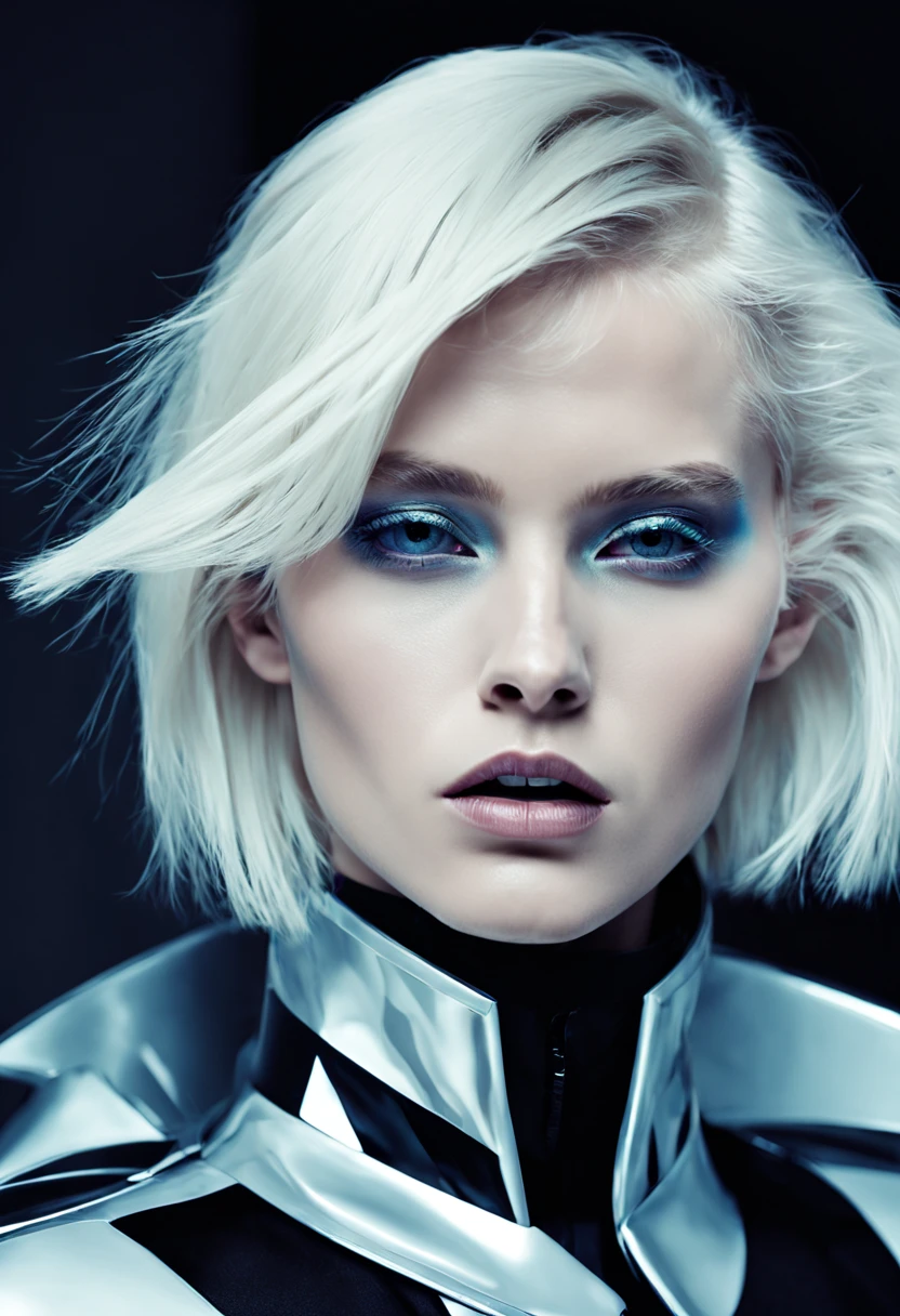 a photograph of platinum blonde female model, professional photoshoot, futuristic haute couture:0.4, glitch aesthetic:0.3, haute couture:0.7 , portrait close up, by Balenciaga high fashion creator ,