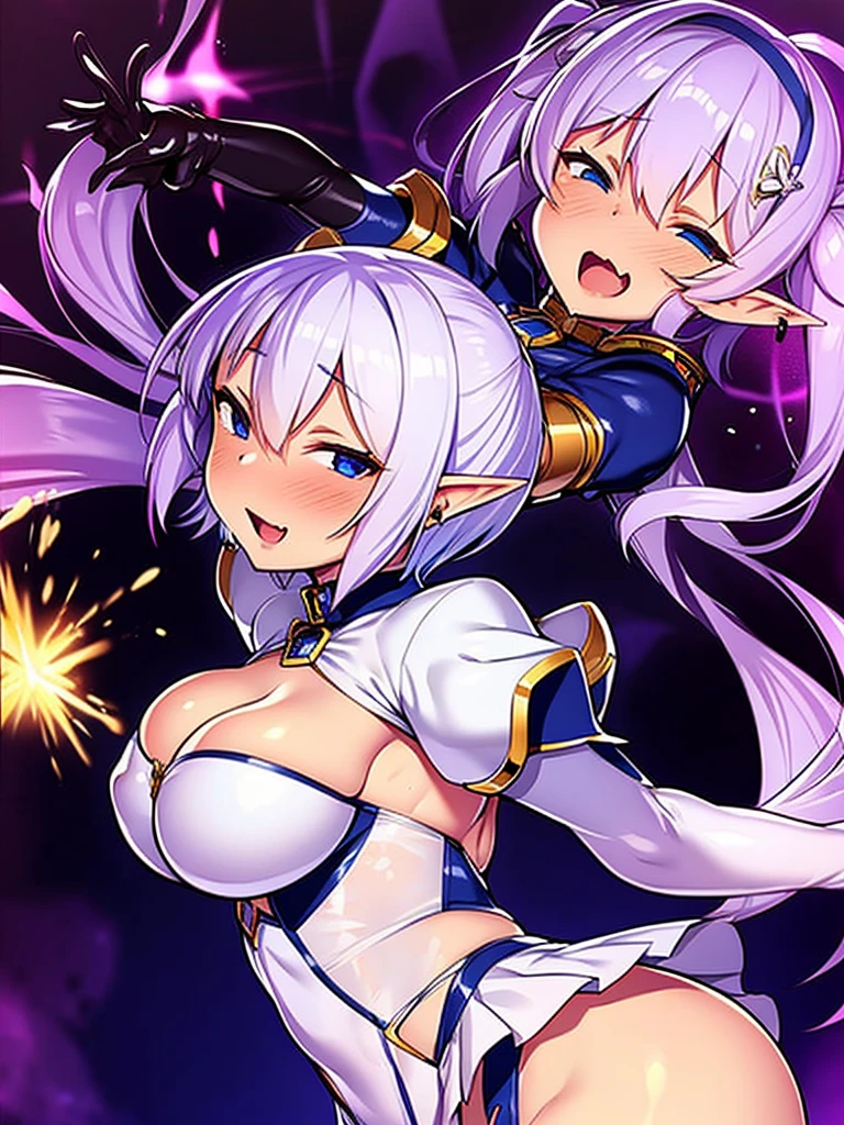 Une fille de , bonne personne peau blanche, cheveux blancs long , cheveux blancs couvrant les oreilles, Huge elf ears, oreilles pointues , yeux violets, Light firepower, Solar energy, pyrokinesis, Manipulation of matter, No anger, Golden clothing, canclothed, chemise sur,