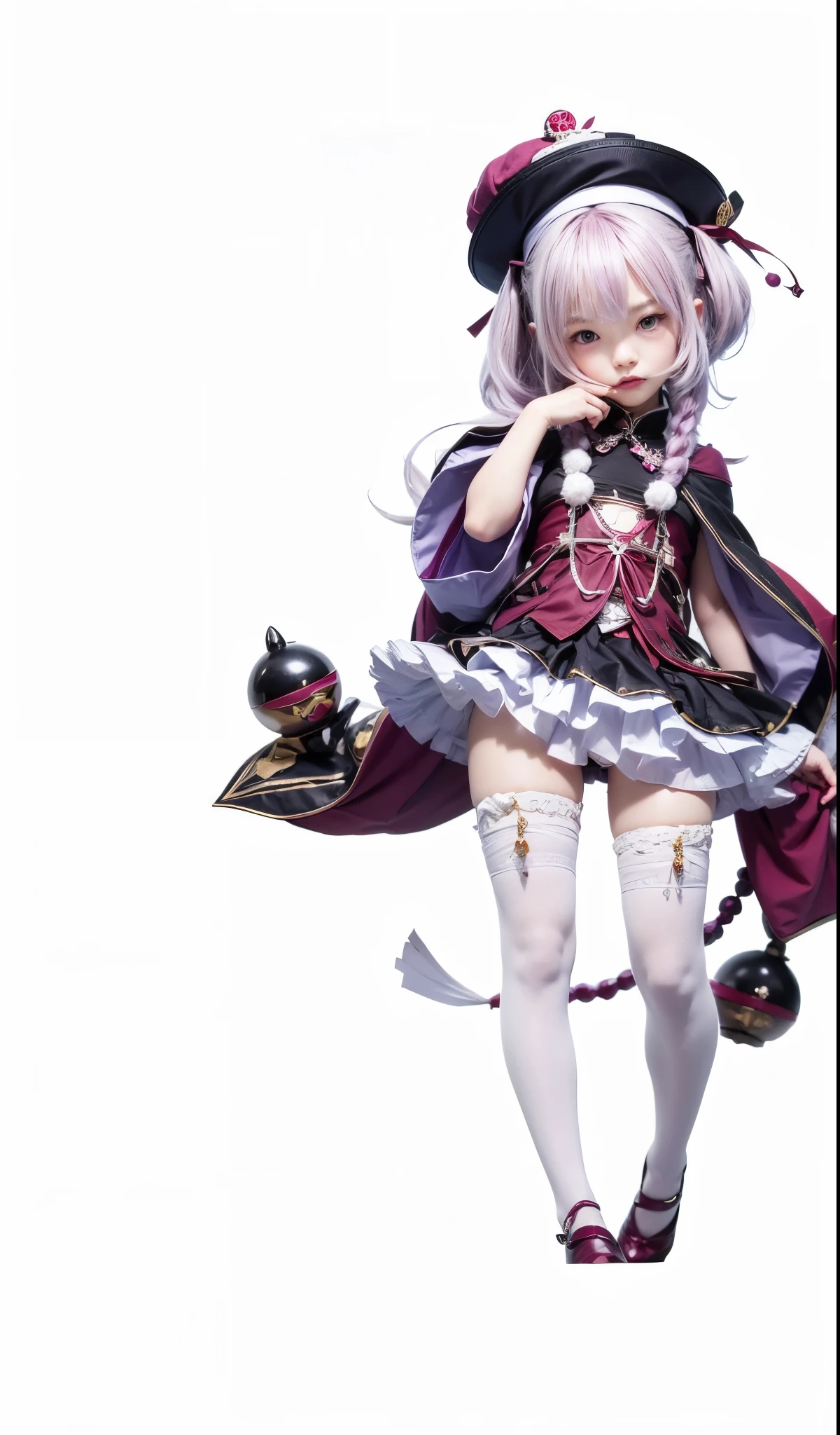 Qiqi, genshin impact, liyue, female, gradient light purple hair, burgundy eyes, burgundy cape, white stocking, black shoes with burgundy plushes, white beads necklace with burgundy ribbon, dark purple hat with gold vampire seal, white tip on top, burgundy ribbon