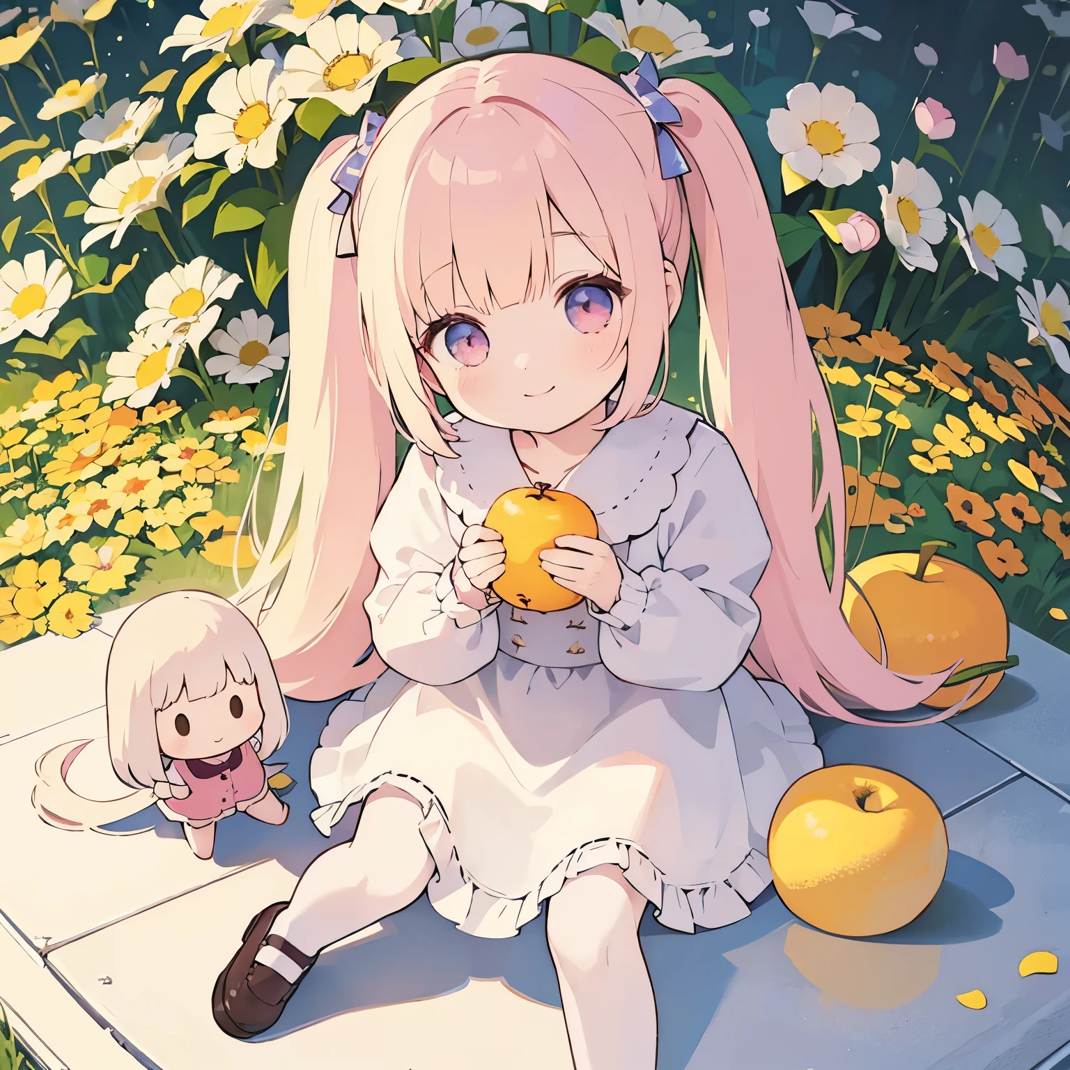 (photorealistic:1.37)、octane rendering、Chibi girl doll in the center of a fruit platter、Girl has twin tail hairstyle and smiles、Bright colors、soft sunlight、playful atmosphere、peaceful environment、detailed texture、Bright colors、cute shoes with accessories、He looks happy