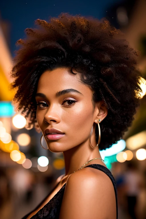 foto retrato de TinaKunakey, afro enorme, mulher bonita cabelo penteado para cima em rua iluminada a noite sentado no bar (obra de arte) (melhor qualidade) (detalhado) (8k) (HDR) (papel de parede) (cinematic lighting) (sharp focus) ( Intrincado)