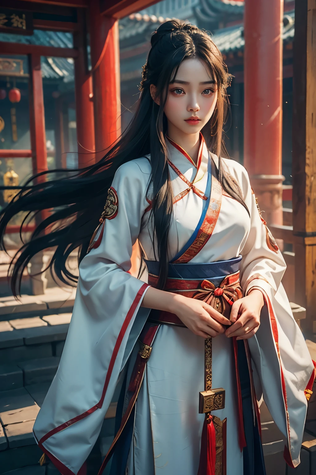 {fantasy theme,chines style},1girl, long hair, dark blue hair, red eyes, clear face, clear and bright eyes, masterpiece, best quality, chinese clothes, hanfu, ancient chinese, long sleeves, white dress, anatomically correct, textured skin, xianxia, wuxia style