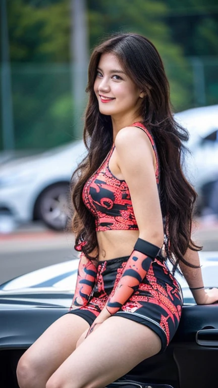 Highly detailed CG Unity 8K wallpaper, highest quality, Super detailed, masterpiece, realistic, photo realistic, Highly detailed cute girl, (25 years old), (whole bodyからつま先まで:1.4)、(whole body)、(whole body to toes)、(shot from the side)、(sitting on the hood of a car)、(lace queen)、(sexy pose）,
(Sponsored and wearing grid girl costume&#39;logo is printed.:1.3), (shorts) , (sitting in a motorsport race),   (cleavage), smile ,(whole bodyショット) ,(Side view)、(side shot)、(smile at the camera)、