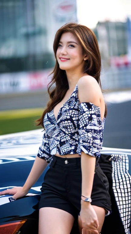 Highly detailed CG Unity 8K wallpaper, highest quality, Super detailed, masterpiece, realistic, photo realistic, Highly detailed cute girl, (25 years old), (whole bodyからつま先まで:1.4)、(whole body)、(whole body to toes)、(shot from the side)、(sitting on the hood of a car)、(lace queen)、(sexy pose),
(Sponsored and wearing grid girl costume'logo is printed.:1.3), (shorts) , (sitting in a motorsport race), (cleavage), smile ,(whole bodyショット) ,(Side view)、(side shot)、(smile at the camera)、