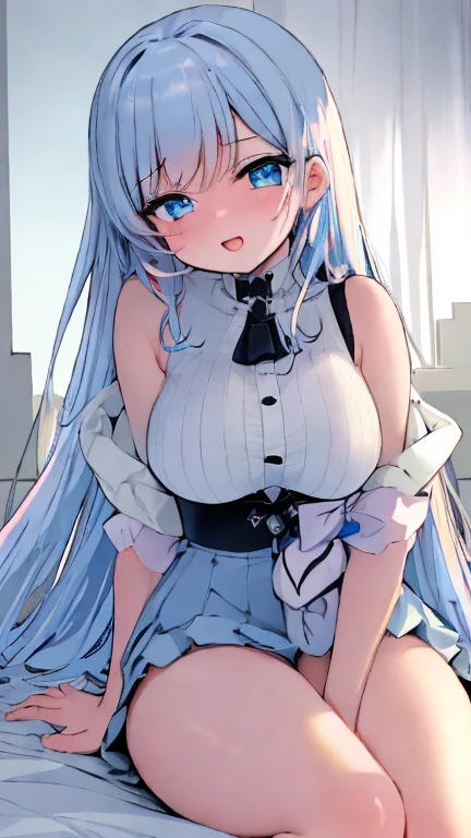 Extremely detailed, disorganized, ultra high resolution, super detailed, highest quality,
(wearing a pastel colored bra , Wearing pastel colored pants :1.3),
1 girl, alone, smile, smile, open your mouth,
(sitting on the bed), seductive pose, cowboy shot, looking at the viewer,
thin, cute, perfectly symmetrical face, 超cute girl, 超cute face, highly detailed eyes, super detailed髪, 超cute, super beautiful,
Made by Canon EOS, SIGMA Art Lens 35mm F1.4, ISO200 Shutter speed 2000,
elegant hotel room, closed curtains, antique interior, super detailed背景,
cinematic light, indirect lighting, evening light, Depth of bounds written,
medium to ?????????????, ,
(white long hair, blue eyes),