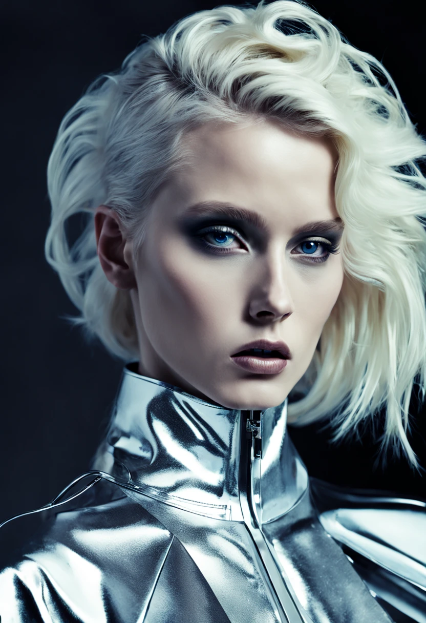 a photograph of platinum blonde female model, professional photoshoot, futuristic haute couture:0.4, glitch aesthetic:0.3, haute couture:0.7 , torso shot, medium shot, glamour shot, by Balenciaga high fashion creator ,