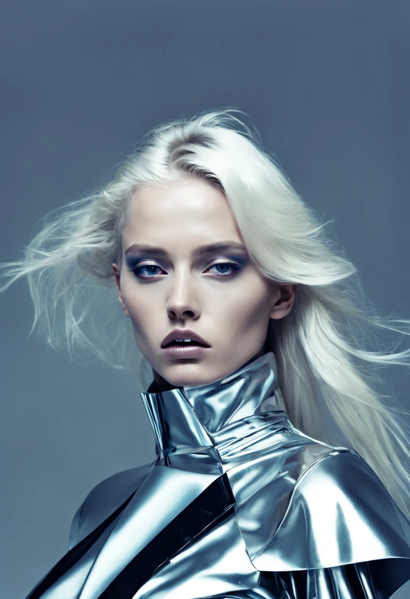 a photograph of platinum blonde female model, professional photoshoot, futuristic haute couture:0.4, glitch aesthetic:0.3, haute couture:0.7 , torso shot, medium shot, glamour shot, by Balenciaga high fashion creator ,