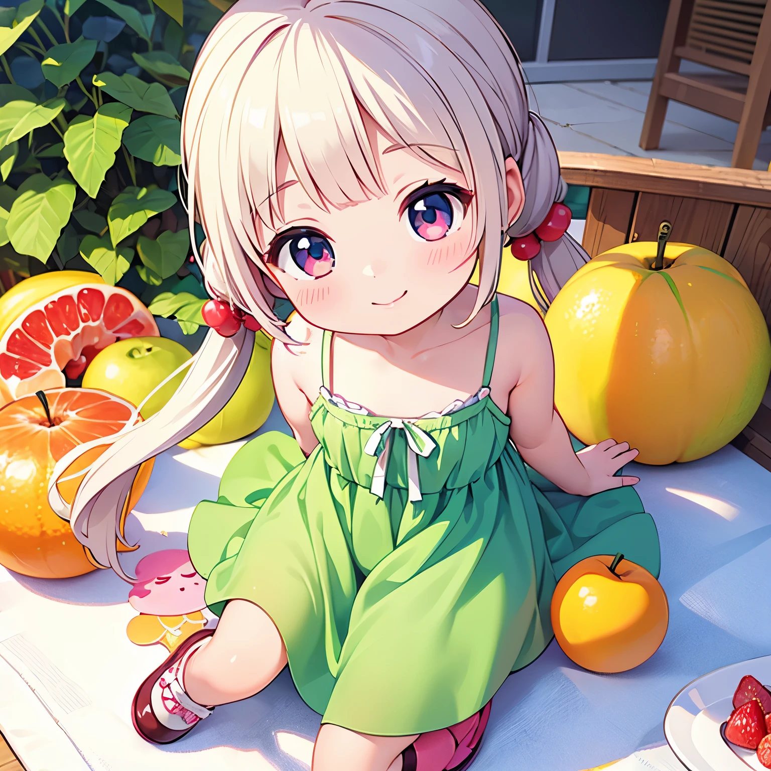 (photorealistic:1.37)、octane rendering、Chibi girl doll in the center of a fruit platter、Girl has twin tail hairstyle and smiles、Bright colors、soft sunlight、playful atmosphere、peaceful environment、detailed texture、Bright colors、cute shoes with accessories、He looks happy