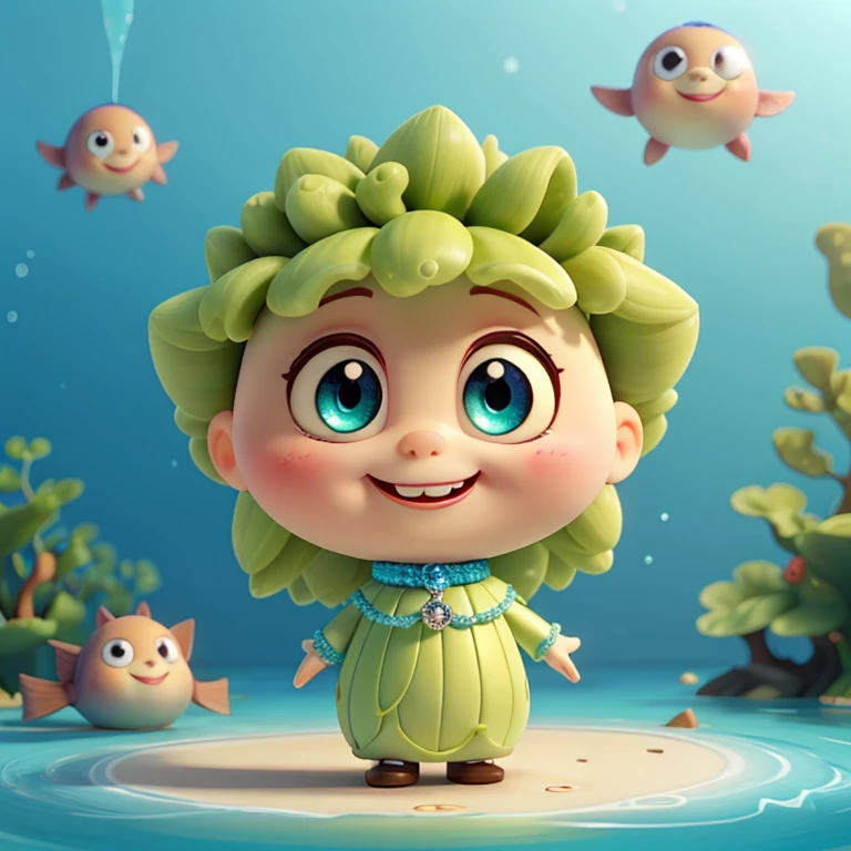  A olivine crystal doll is designed in cartoon-like style, big, round eyes, a wide smile, and friendly expression. The theme is blue ocean