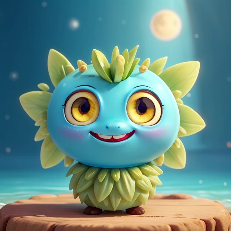 A olivine crystal doll is designed in cartoon-like style, big, round eyes, a wide smile, and friendly expression. The theme is blue ocean