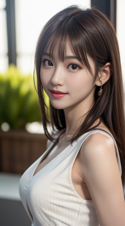 White see-through blouse,Face Interview, (Photo Real:1.4), (hyper realisitic:1.4), (realisitic:1.3), (Smooth lighting:1.05), (Improve video lighting quality:0.9), 1womanl, a 20 yo woman, Realistic lighting, Back lighting, Facial light, raytrace, (cheerfulness:1.2), (Improved image quality:1.4), (Finest Real Textured Skins), finely eye, a small face, Red cheeks, skinny body, medium-breasted pointed jaws,,,,,, Korean Idol, Nogizaka Idol, glowy skin, hposing Gravure Idol, P, Blunt bangs, light brown hair, hair behind ear, hair over shoulder, Long hair,Tear bag，Summer plateau、White dress、