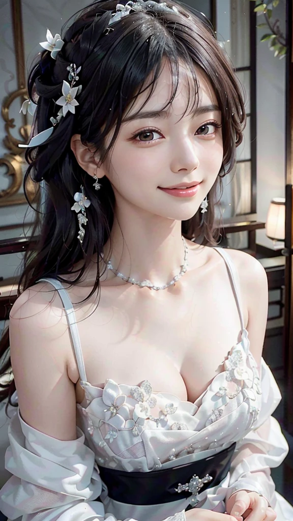 highest quality, ultra nothing, actual, A photo of a beautiful and cute Japanese woman, detailed face, Beautiful black hair, (white dress with detailed details), Mansion Pool, (Close up head from collarbone), fascinating look, looking at the viewer, happy smile, Bright lighting, 10 years old