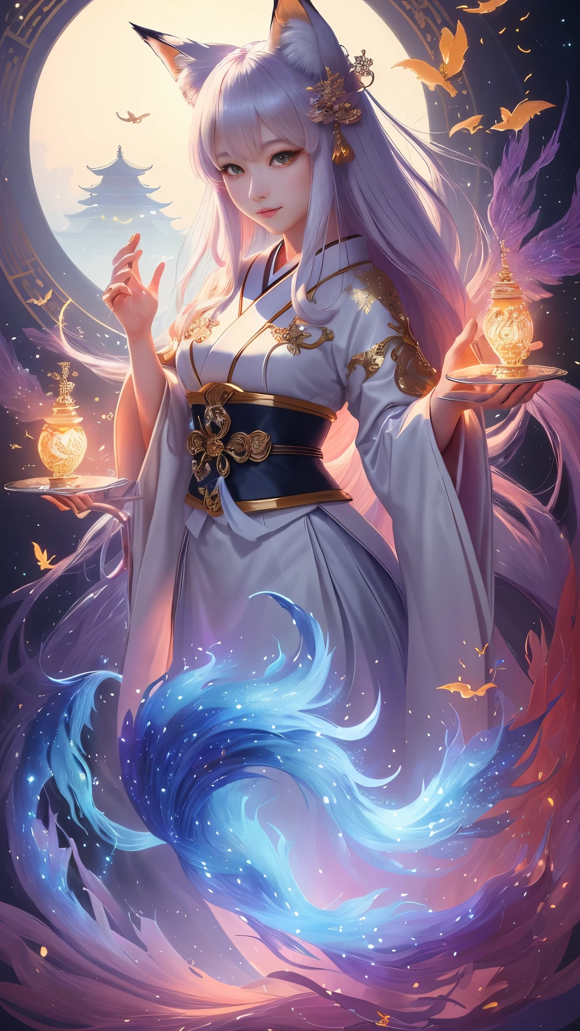 masterpiece , best quality, Close-up, masterpiece, beautiful details, colorful, delicate details, delicate lips, intricate details, genuine, ultrargenuineista, 枝に座っている色とりどりの髪のFoxを持つ女の子:cute, light makeup, ,色とりどりのFox, raposa de nine tails, 三尾Fox, 三尾Fox, onmyoji detailed art, beautiful fine art illustration, mythical creatures, Fox, beautiful digital art,shrine maiden,japanese architecture,hold hands,exquisite digital illustration, mizutsune, Inspired by mythical wild web creatures, pixiv in digital art, shining light, high contrast, Mysterious,枝に座っている色とりどりの髪のFoxを持つ女の子,front,looking at the camera