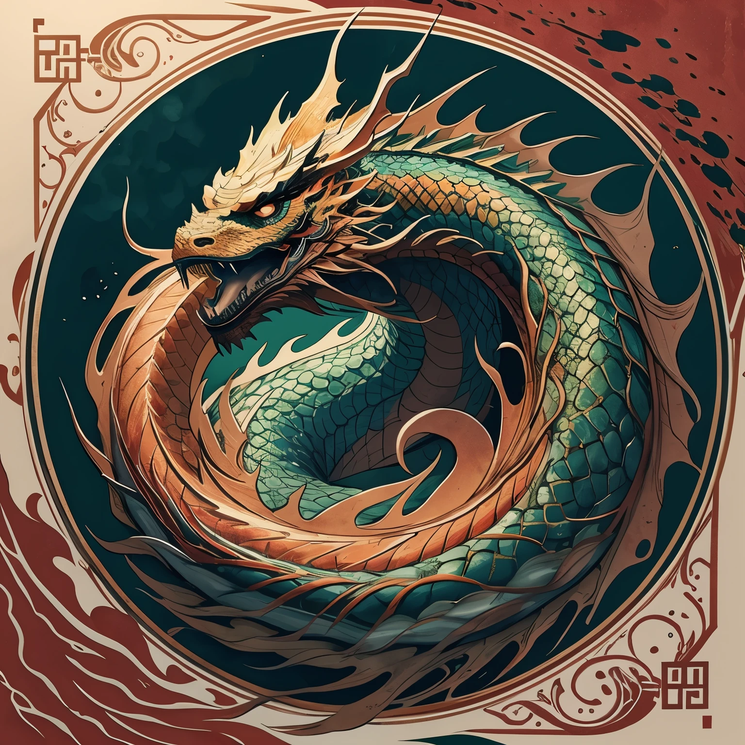 /I red gold and green Chinese dragon, close-up, Wu Guanzhong style, ink artistic conception, abstract, complementary colors, simplicity, Chinese painting, red background, --ar 16:9 --v 6.0 --style raw