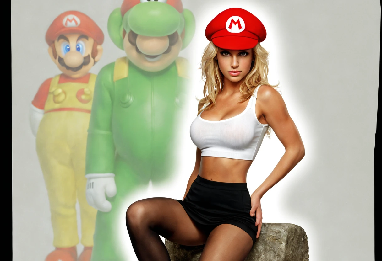 (solo, centered)1.5 young (Britney Spears:0.6) ((ohwx woman)) as (super Mario), (red hat), (white tight cropped top and (tight microskirt):1.2), (black pantyhose:1.3), huge natural breasts, fantasy, highly detailed, digital painting, artstation, concept art, sharp focus, illustration, art by Tony Sart and artgerm and randy vargas, small mushrooms in background. Extremely high-resolution details, photographic, realism pushed to extreme, fine texture, incredibly lifelike, (solo)1.5