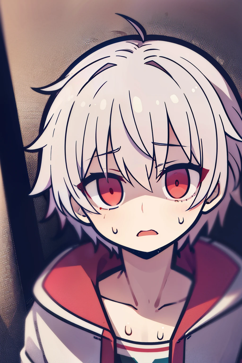 juvenile、boy、white hair、red eyes、absolute red eyes、Have red eyes、赤い目のjuvenile、messy hair、very short hair、look sideways、Shadows on the face、short hair、anxious look、Sweat