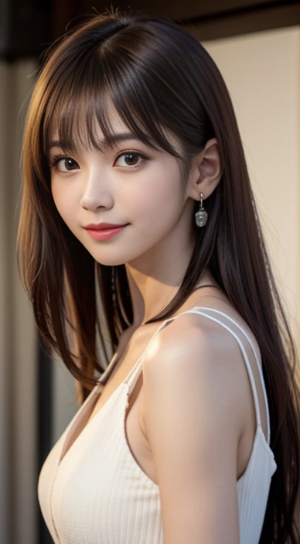 White see-through blouse,Face Interview, (Photo Real:1.4), (hyper realisitic:1.4), (realisitic:1.3), (Smooth lighting:1.05), (Improve video lighting quality:0.9), 1womanl, a 20 yo woman, Realistic lighting, Back lighting, Facial light, raytrace, (cheerfulness:1.2), (Improved image quality:1.4), (Finest Real Textured Skins), finely eye, a small face, Red cheeks, skinny body, medium-breasted pointed jaws,,,,,, Korean Idol, Nogizaka Idol, glowy skin, hposing Gravure Idol, P, Blunt bangs, light brown hair, hair behind ear, hair over shoulder, Long hair,Tear bag,Summer plateau、White dress、