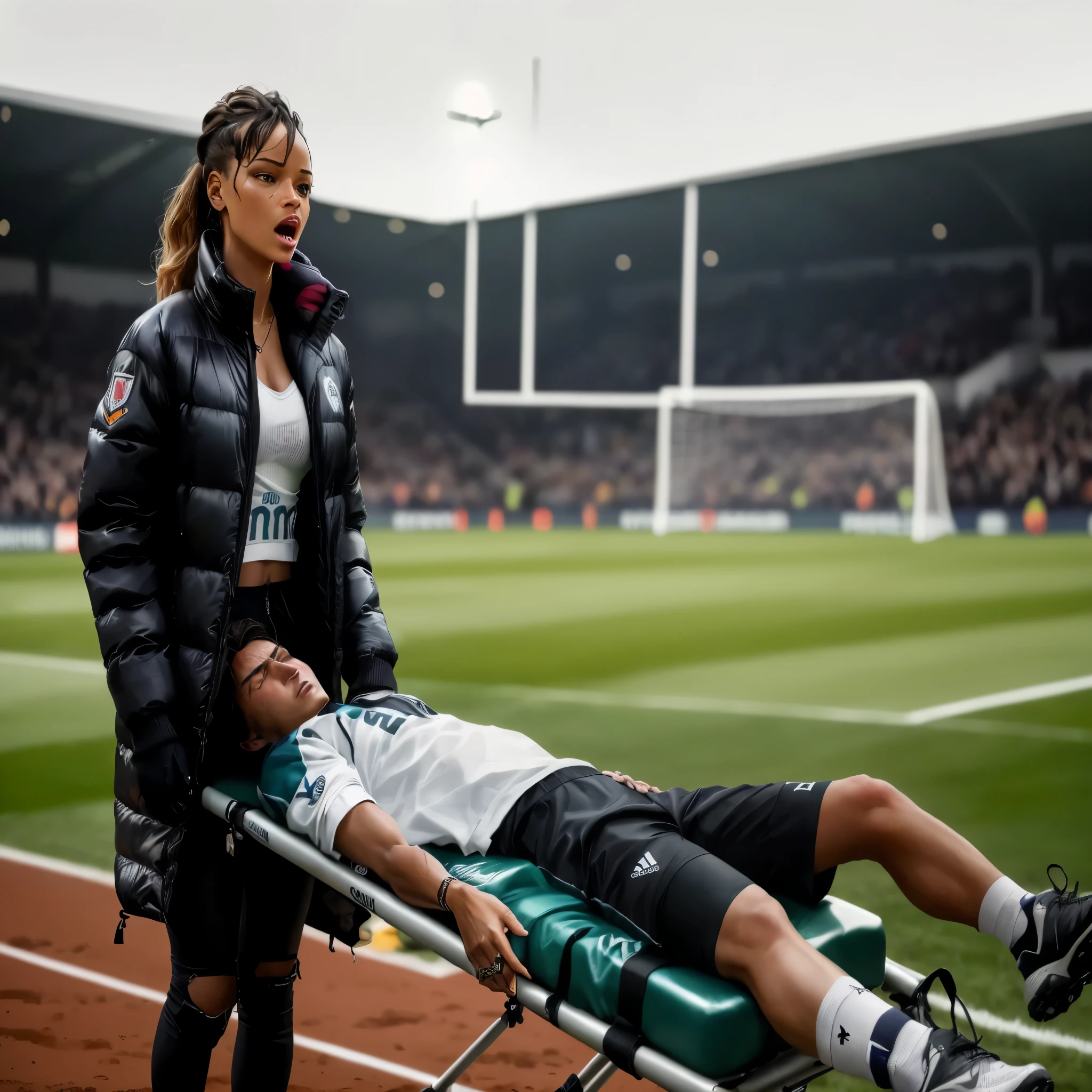 a soccer scene in a sports stadium, cool and wet weather conditions, humide, Rihanna carrying a stretcher, Rihanna in a very shiny coat who are carrying a stretcher in a sports stadium, there is a wounded male soccer player in a matte short cotton sports outfit lying on the stretcher, an injured male soccer player in matte cotton sportswear is lying in pain on a stretcher, a soccer player in matte cotton sports clothes is rearing up in intense pain while lying on a stretcher, dramatic scene, theatralic posing scene, dramatic pity scene, injury soccer, first aid, help, pity, there are four female medics in wetlook high-shine coats who are looking very sad and very terrified and very shocked, the injured soccer player is screaming out in pain while he is carried from the pitch on a stretcher, Woman carrying one on a stretcher on a soccer field, bearbeitet, by Frederik Vermehren, stimmungsvolle ikonische Szene, von Jakob Gauermann, nice angle, Foto-Standbild, Schuss auf Sony A 7 III, moody feeling, Ganzer Schuss, Ganzer Schuss, von Christen Dalsgaard, beautiful view, FIM immer noch, Dramatischer Schuss, Mittel