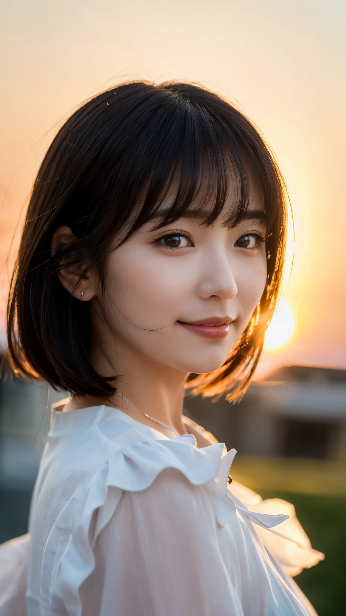 masterpiece, best quality, ultra high res, ultra detailed, sharp focus, 1girl, 独奏, a stunning pretty and beautiful Japanese sexy model, looking at viewer:1.3, (bright smile:0.6), dusk, sunset, night, realistic, slender, (standing:1.1), (looking at the viewer:1.3), sexy gaze, blush, asymmetrical bangs, light brown hair, ((、Large breasts、naked:1.2、Super Short Hair:1.7、Narrow waist、Nipples are visible、Nipples are erect、sexy))