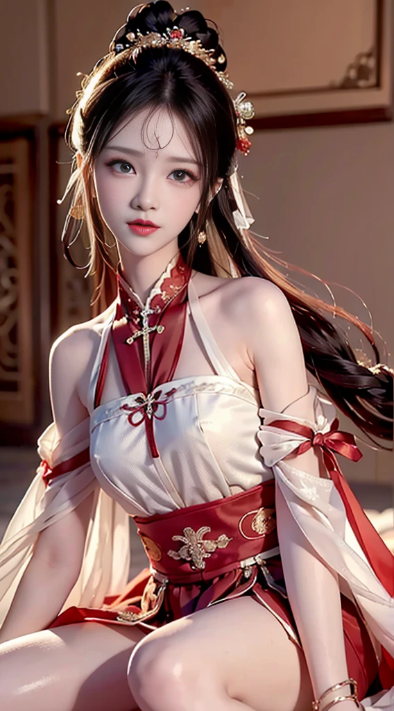 Tatami room，Warm lighting，Bow on chest，Qi bangs，Long hair that falls over the shoulder，(Playful eyes)，二重まぶた，Deepening of the tail of the eyes，Lying silkworm，Wear a bracelet on your wrist，Scarlet lips，The lips are shiny and textured，Fine skin texture，Brown sparkling pupils，((((Keep your eyes on the camera))))，Slender fingers，((face round))，(((Small lips)))，Black halterneck hanfu，Small-headed spells(Prompt): （（hyper HD）），Best image quality，8K resolution，Higher quality，Works of masters，Antique peerless beauty bride，Exquisite facial features，Absolutely beautiful，Crystal red lips，ssmile，Nice big eyes，Delicate long eyelashes，Sweet with lying silkworms，鎖骨，Brunette quality is the best, tmasterpiece, A high resolution, 1girll, Blushlush,(Seductive smile:0.8), starpupil, Red porcelain halter neck Hanfu, hair adornments, choker necklace, Ornaments, beautfully face, Human body, Tindal effect, Lifelike, Dark Studio, edge lit,twotonelighting，（highdetailskin：1.2），8K, Ultra HD，Slr，softlighting，high high quality，Volumetriclighting，Candid camera，photore，A high resolution，4K，8K，Bokeh，（Small head）high detal,8K resolution,超A high resolution,A young girl, A cute girl，Shorter hair，hair-bun，light make-up，Colorful clear eyes，Smooth hair,鎖骨,Exquisite and perfect facial features, the most beautiful big eyes,Long eyelashes,The eyes are sweet and there are lying silkworms，((dynamic angle,Extreme image quality,Highest precision,Precise and perfect human anatomy，Long legs))，(((Red and white antique halter neck clothes，Embroidered lace sleeves，Sitting cross-legged position，)))，(()))，rays of sunshine，，The body is well-proportioned and firm，Charming eyes，Panoramic view，Indoors，Pure desire，Small head