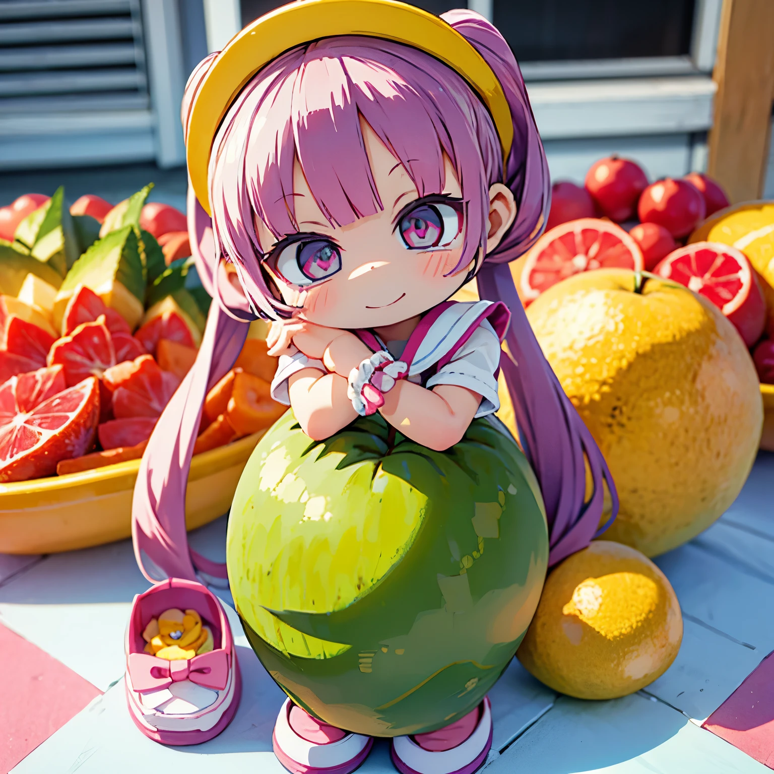 (photorealistic:1.37)、octane rendering、Chibi girl doll in the center of a fruit platter、Girl has twin tail hairstyle and smiles、Bright colors、soft sunlight、playful atmosphere、peaceful environment、detailed texture、Bright colors、cute shoes with accessories、He looks happy