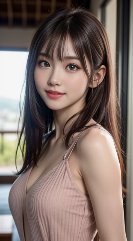 RAW photo, (best quality, 8k, 32k, masterpiece, UHD:1.2), ultra high resolution, (pretty a Korean teen girl of 13 years old), beautiful detailed eyes, long brown hair, bangs, (wearing magenta tank-top), large breasts, cleavage, portrait, (crowded city boulevard on a sunny day:1.2), (detailed background:1.5)