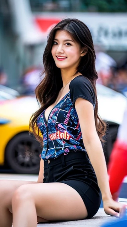 Highly detailed CG Unity 8K wallpaper, highest quality, Super detailed, masterpiece, realistic, photo realistic, Highly detailed cute girl, (25 years old), (whole bodyからつま先まで:1.4)、(whole body)、(whole body to toes)、(shot from the side)、(sitting on the hood of a car)、(lace queen)、(sexy pose),
(Sponsored and wearing grid girl costume'logo is printed.:1.3), (shorts) , (sitting in a motorsport race), (cleavage), smile ,(whole bodyショット) ,(Side view)、(side shot)、(smile at the camera)、