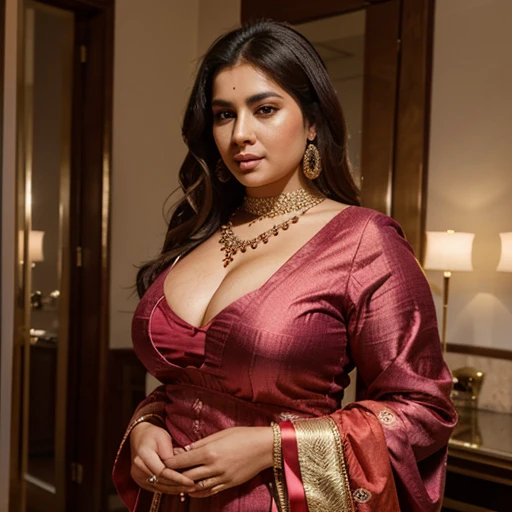 As an expert your job is to create the most beautiful woman in the world as a beautiful actress sexy curvy plus size model woman in a different banarasi Crimson Crown Sherwani in picture, manga mala necklace ornament in necklace for wedding, Head Jewelry for wedding, busty, small curvy, mid body shot, she has a jiggly fat round belly, thick body, in Paris in different time background,
