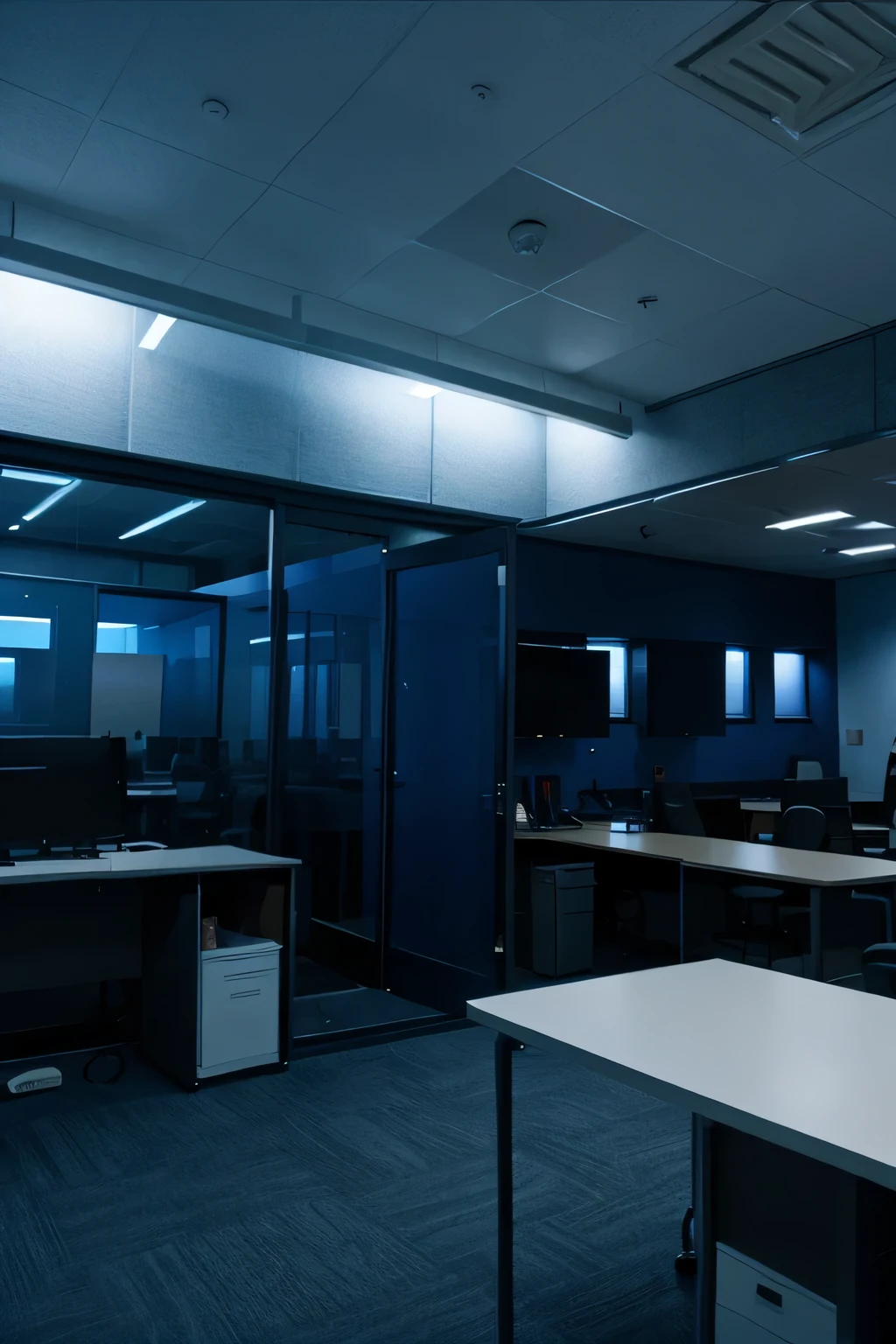 office area, night, blue tint filter, front view